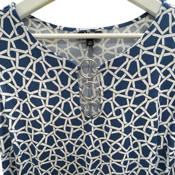 MSK 2X Women's Print Dress Sleeveless Polyester Spandex Blend Blue White 522 - Picture 2 of 6